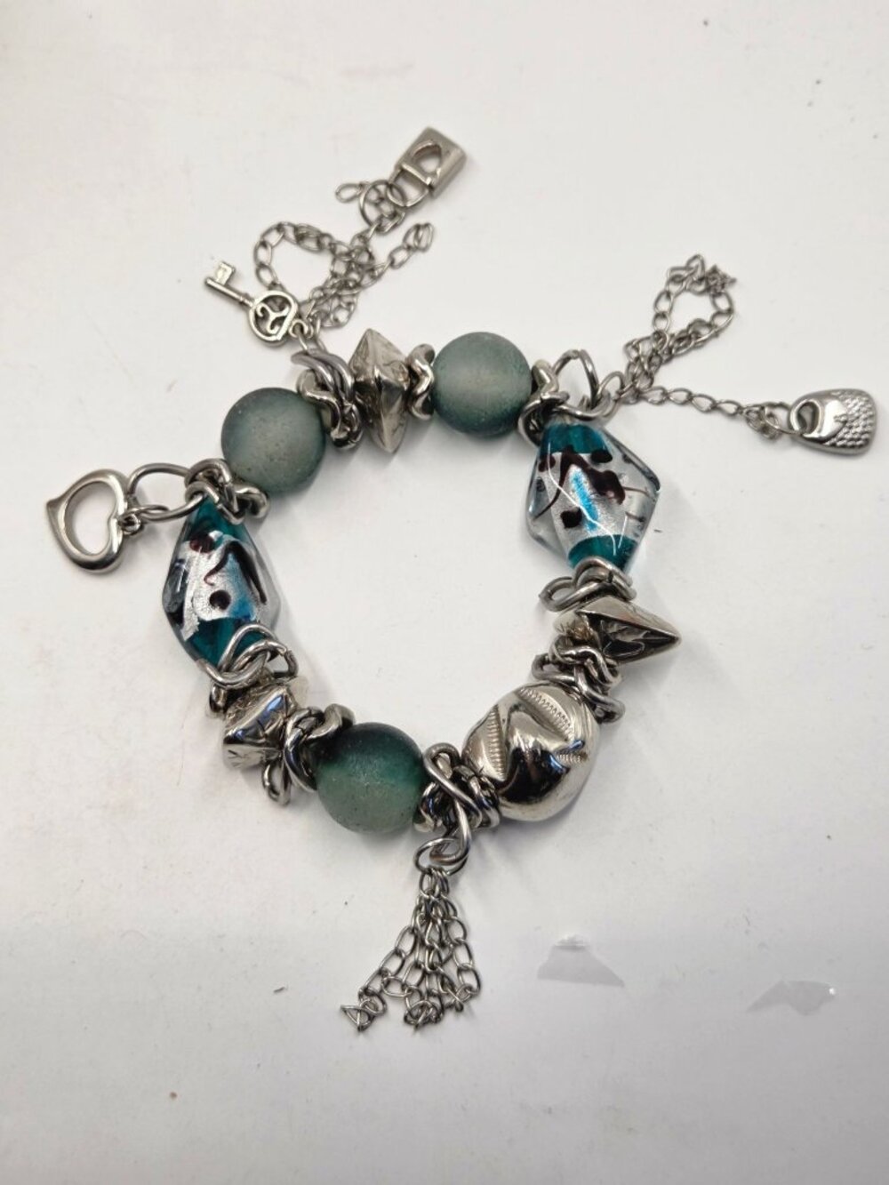 Silver Tone & Glass Bead Bracelet With Lock & Key Charms